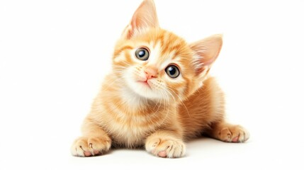 Fluffy Kitten with Wide Curious Eyes Sitting on White Background Adorable Head Tilted Towards Camera