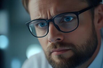 Focused man with glasses deeply concentrating on a task in a modern office setting