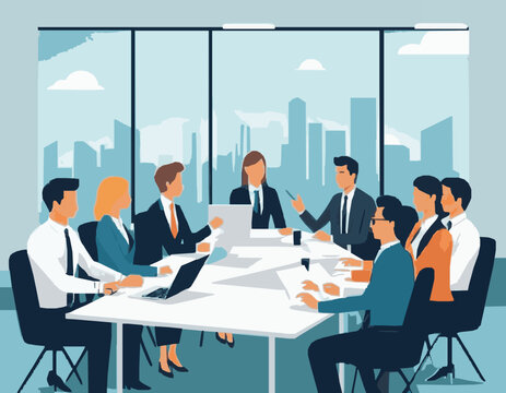 Collaborative Business Meeting with Office Workers - Vector Art