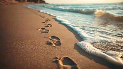 Clear Footprints in Wet Sand Leading to Gentle Waves on Beach Highlighting Texture and Patterns