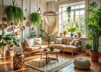 Aerial View Boho Living Room Decor: Macrame, Plants & Natural Light
