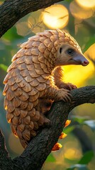 Fototapeta premium HD Phone Wallpaper Pangolin on Tree Branch at Golden Hour Wildlife Nature Scales Mammal