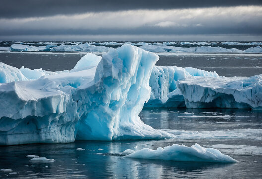 Melting glacier calving into the ocean, dramatic ice formations