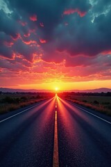 Naklejka premium Dark grey asphalt contrasts vibrant sunset sky, photograph, path