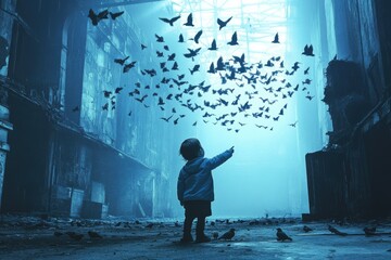 A child stands in a desolate, ruined city, pointing towards a flock of birds soaring above.