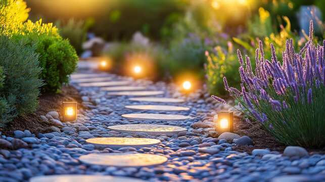 Serene garden pathway with glowing lanterns and blooming lavender at sunset, perfect for outdoor living promotions, landscaping advertisements, garden design inspirations and evening event invitations