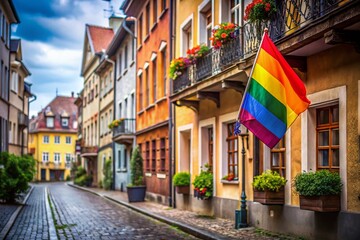 Obraz premium Charming Altbau Building with Vibrant Rainbow Flag - Candid Photo