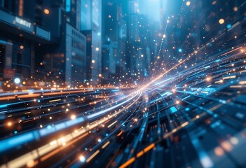 Fototapeta premium Futuristic Cityscape Data Streams Flowing Through Network
