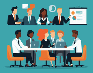 Business Meeting with Team of Diverse Professionals - Vector Graphic