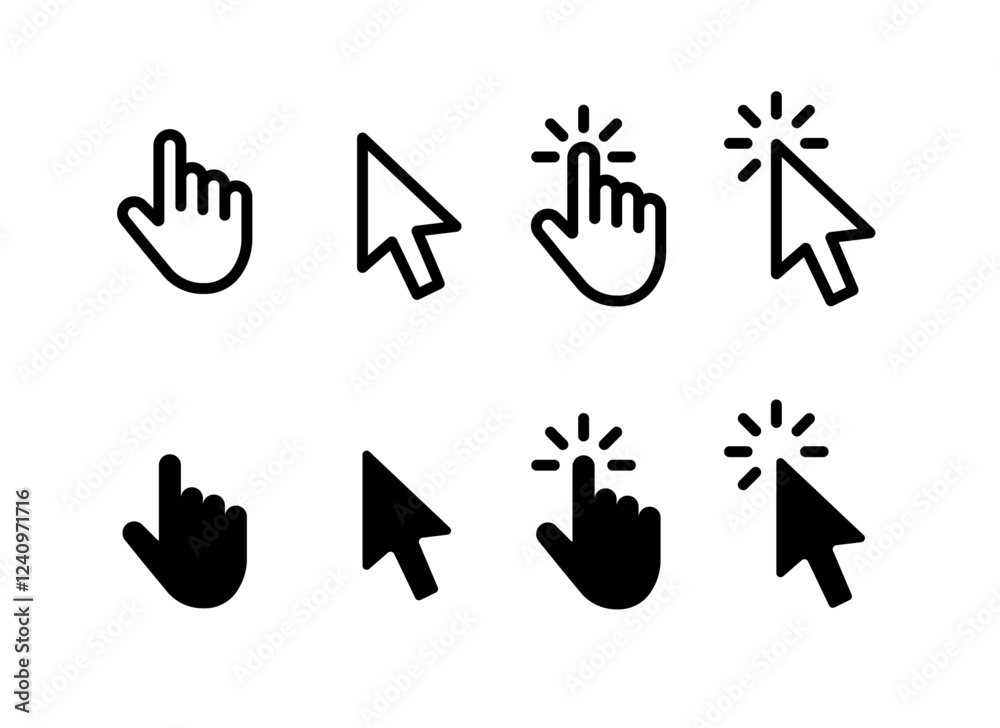 Aufkleber computer mouse click cursor icon set. hand and arrow pointer cursor
