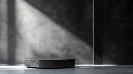 Dark Minimalist Product Display: A sleek black cylindrical platform against a textured grey backdrop, illuminated by dramatic sunlight beams, creating a sophisticated and modern aesthetic.