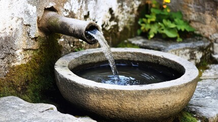 Rustic stone water fountain spilling into a lush garden pond.