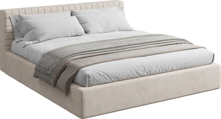 Perspective view of double bed with headboard and blanket