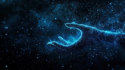 Artificial Intelligence Holograph with Hand Reaching Out in a Cosmic Digital Space Displaying Futuristic Technology