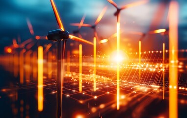 Naklejka premium A dynamic sunset scene with wind turbines, glowing lines, and vibrant colors illustrating renewable energy and technology.