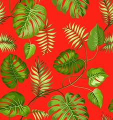 Fototapeta premium patron de plantas, hojas y ramas sobre fondo rojo