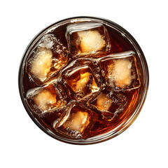 Realistic glass of cola with ice top view isolated on transparent white background, clipping path, cut-out
