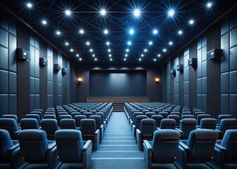 Cinematic Night: Empty Movie Theater Interior, Dark Screen, Ambient Lighting