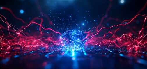 A vibrant digital scene featuring a glowing sphere surrounded by dynamic red and blue energy waves against a dark background.