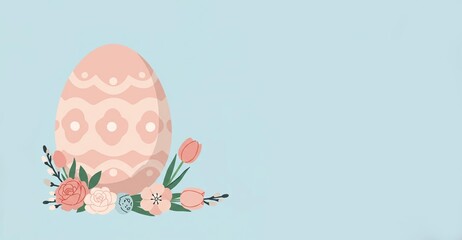 Colorful easter egg decorated traditional pattern with flowers on blue background. Orthodox easter celebration. Spring festive greeting card with copy space. Flat cartoon style. Minimalisitc backdrop.