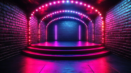 Futuristic neon-lit stage with vibrant pink and blue lights against exposed brick walls, ideal for music event promotions, nightlife advertisements, and modern entertainment backdrops