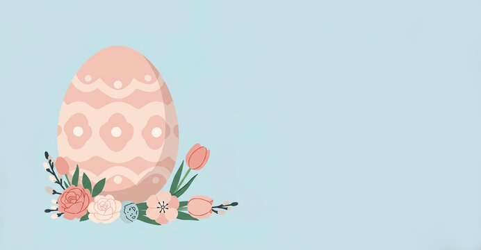Colorful easter egg decorated traditional pattern with flowers on blue background. Orthodox easter celebration. Spring festive greeting card with copy space. Flat cartoon style. Minimalisitc backdrop.