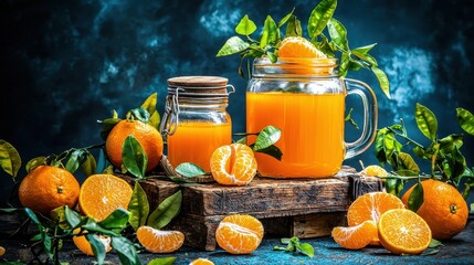 Refreshing Citrus Drink in Glass Jar with Fresh Oranges and Green Leaves on Rustic Background