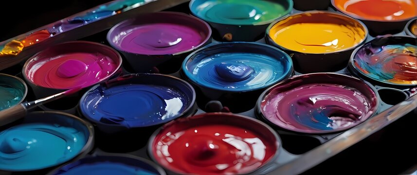 Artistic closeup of a painters palette smeared with vibrant colors embodying creativity and the passion that flows into every brushstroke