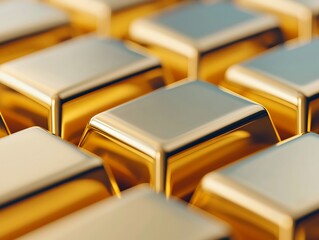 A close-up of shiny gold bars arranged in a grid, showcasing their reflective surfaces and gleaming texture.