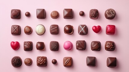 Fototapeta premium A Symphony of Hearts: A Delightful Collection of Exquisite Chocolate Hearts, Beautifully Displayed on a Pastel Pink Surface, Creating a Scene of Pure Romance and Sweet Indulgence