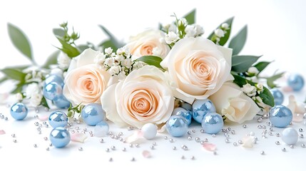 Obraz premium Elegant Bouquet of Cream Roses with Blue Pearls and Silver Decor Wedding Romantic