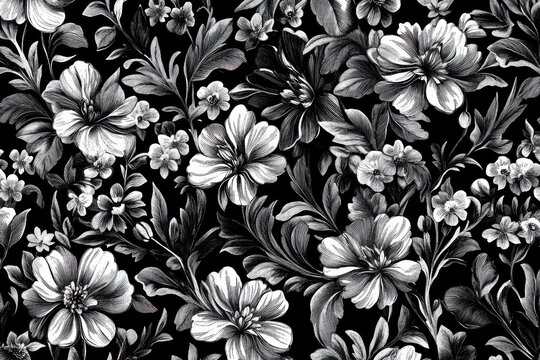 Monochrome floral pattern.  Elegant black and white botanical design.