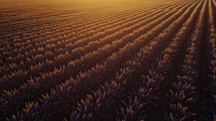 Fototapeta premium A field of golden wheat swaying in the breeze at sunset, with purple accents, creating an enchanting and rustic atmosphere