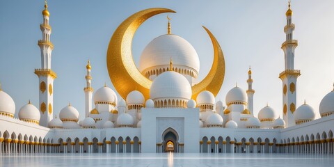 Fototapeta premium Majestic white mosque with golden crescent moons set against a clear sky in an enchanting architectural wonder
