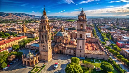Aerial View of Morelia Cathedral and Michoacan Cityscape, Mexico