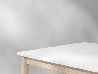 Minimalist Wooden Table with White Glossy Top, Space for product presentation display. 3D illustration