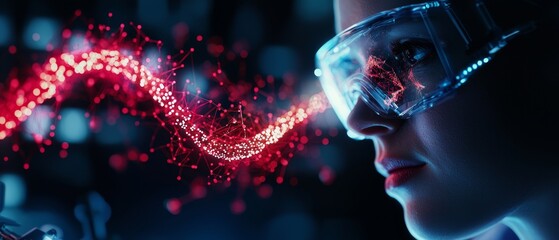 A close-up of a focused individual wearing protective goggles, observing a vibrant stream of light, suggesting themes of science and innovation.