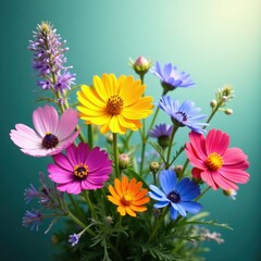 A colorful mix of wildflowers including blue cornflowers sway gently in the breeze, Bouquet, Wildflower