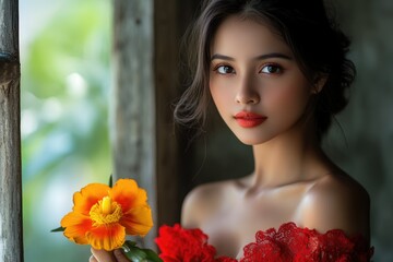 Naklejka premium Beautiful woman with dark hair and red dress holding an orange flower, near a window.
