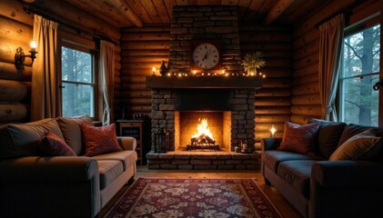 Fototapeta premium A crackling fireplace warms a cozy cabin space, gentle flicker, peaceful