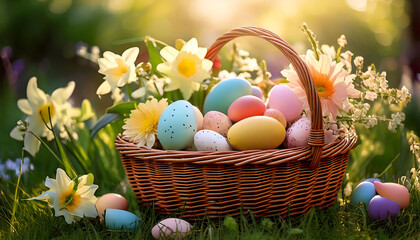 Fototapeta premium Vibrant Easter eggs in a rustic wicker basket, nestled amongst spring daffodils and other blossoms. Perfect for Easter cards, websites, blogs, and spring-themed projects.