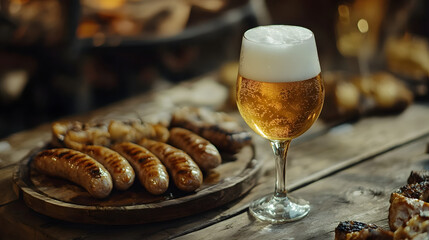 A Pilsner beer poured into a glass with frothy foam, surrounded by a plate of crispy fried chicken wings and french fries on a bar table.