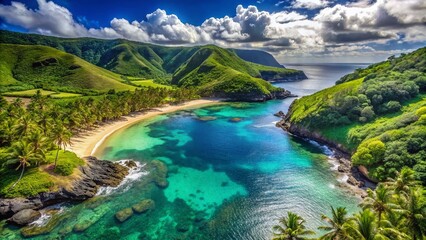 Fototapeta na wymiar Aerial View of Pristine Hawaiian Cove, Turquoise Waters, Lush Green Coastline, Tropical Paradise
