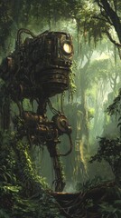 Rusty Robot Stands In Lush Jungle Forest