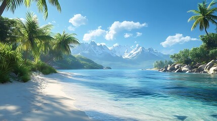 Tropical Beach with Mountains and Palm Trees