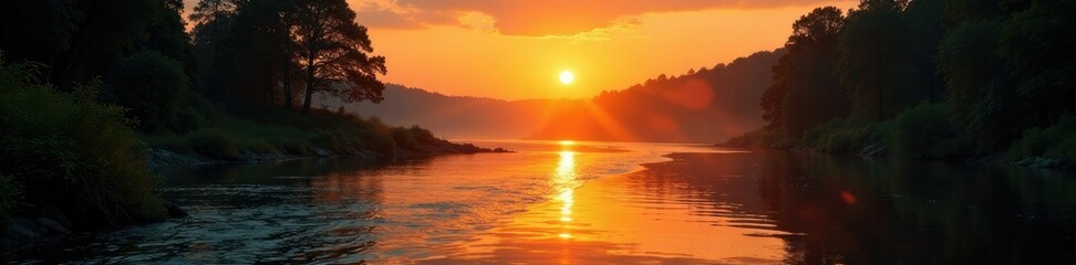 Obraz premium Golden hues of sunset cast ripples on the river's surface, forest, water, sunset