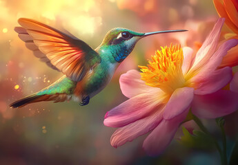 Obraz premium A hummingbird is perched on a pink flower