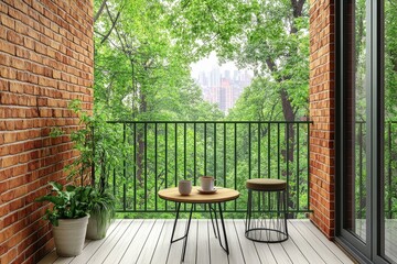Balcony with White Wooden Flooring and Light Brown Walls, Featuring Green Metal Railings and City View Outside the Window. 