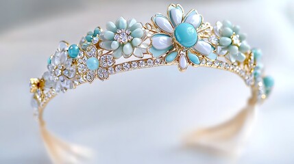 Elegant Gold Tiara with Turquoise and White Flower Design Crystal Accents Bridal Headpiece