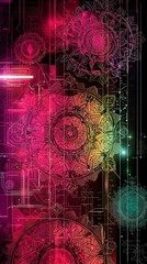 Obraz premium Vibrant abstract design with circular patterns and bright colors against a dark background.